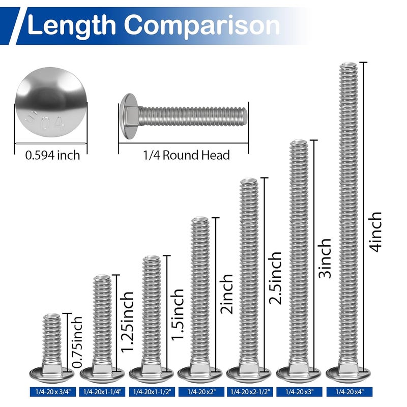 MroMax 1/4-20 x 1-1/2" Carriage Bolt Kit, 20 Sets Carriage Screws with Hex Nuts and Flat Washers, Stainless Steel 18-8(304) Round Head Square Neck Screw, Fully Threaded, Coarse - Image 5